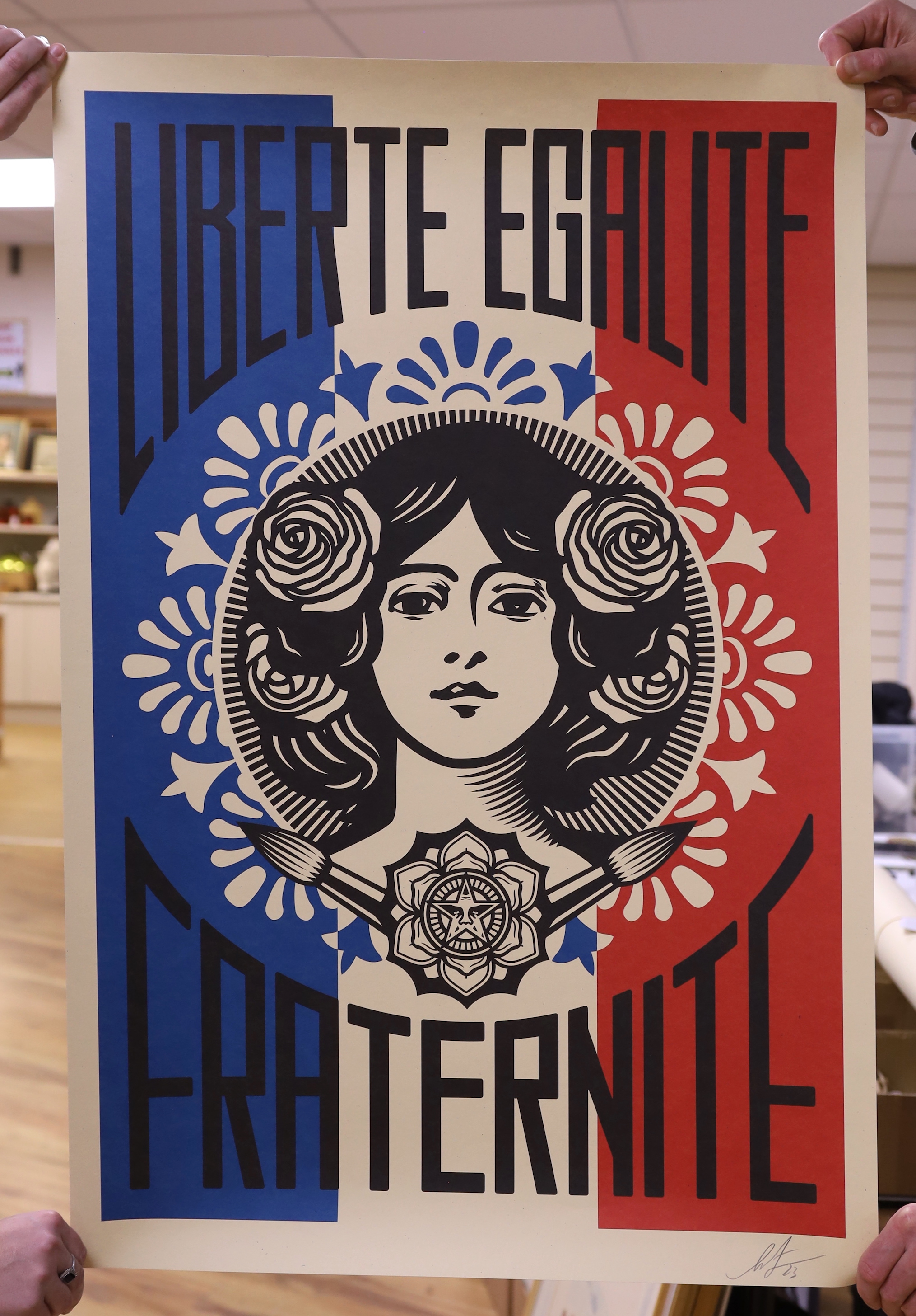 Shepard Fairey (American, b.1970-), lithograph poster, 'Make Art, not War', signed in pencil, 91 x 60cm, unframed